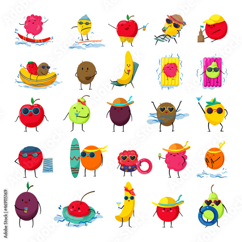 Collection of funny cartoon colorful fruits. Vector illustrations for children. Cute characters with different emotions.
