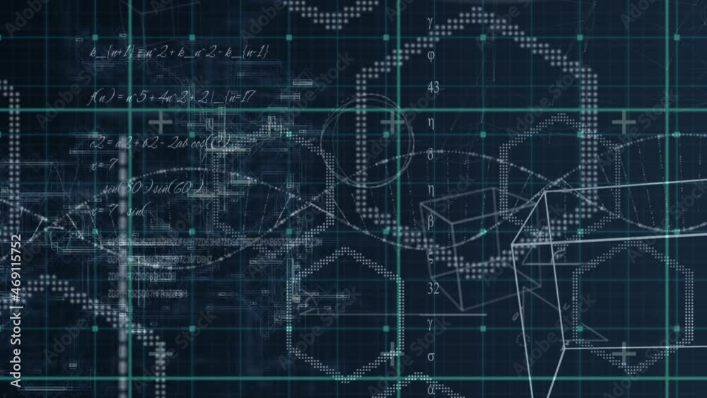 Animation of blue grid over equations and geometric shapes and processing data, on black Animation of blue grid over equations and geometric shapes and processing data, on black