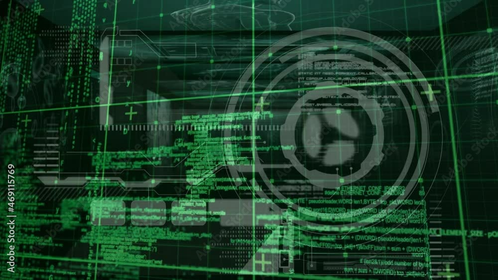 Animation of green grid over circular scanner and green data processing, on black