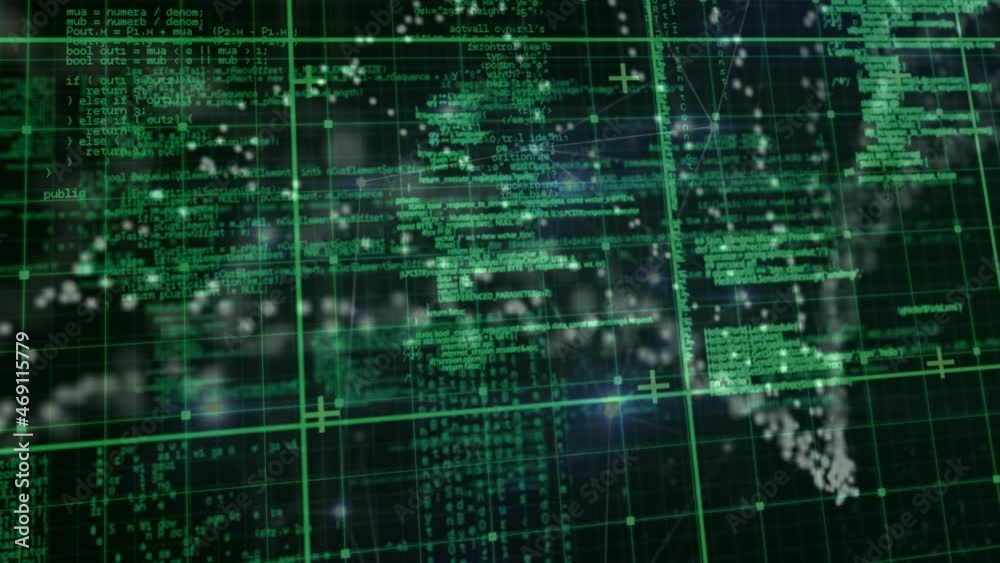 Animation of green grid and particles forming dna helix over processing green data, on black Animation of green grid and particles forming dna helix over processing green data, on black