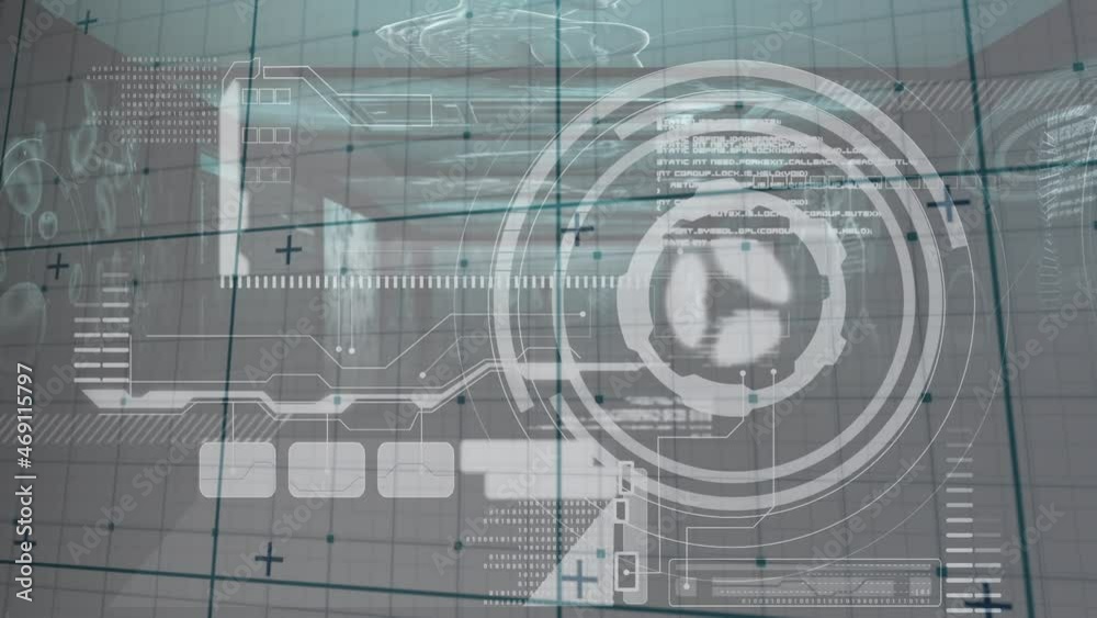 Animation of blue grid over circular scanner and processing data on grey background
