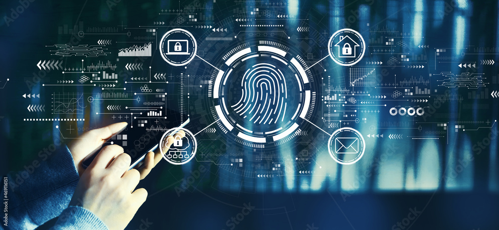 Obraz premium Fingerprint scanning theme with person using a smartphone