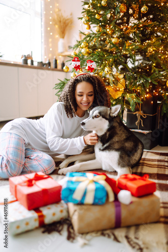 Young woman with a dog Husky on the background of the Christmas tree. Winter holidays. New year.