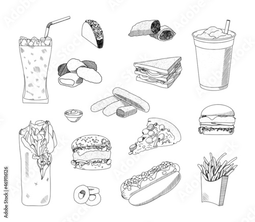 Collection of monochrome illustrations of fast food in sketch style. Hand drawings in art ink style. Black and white graphics.