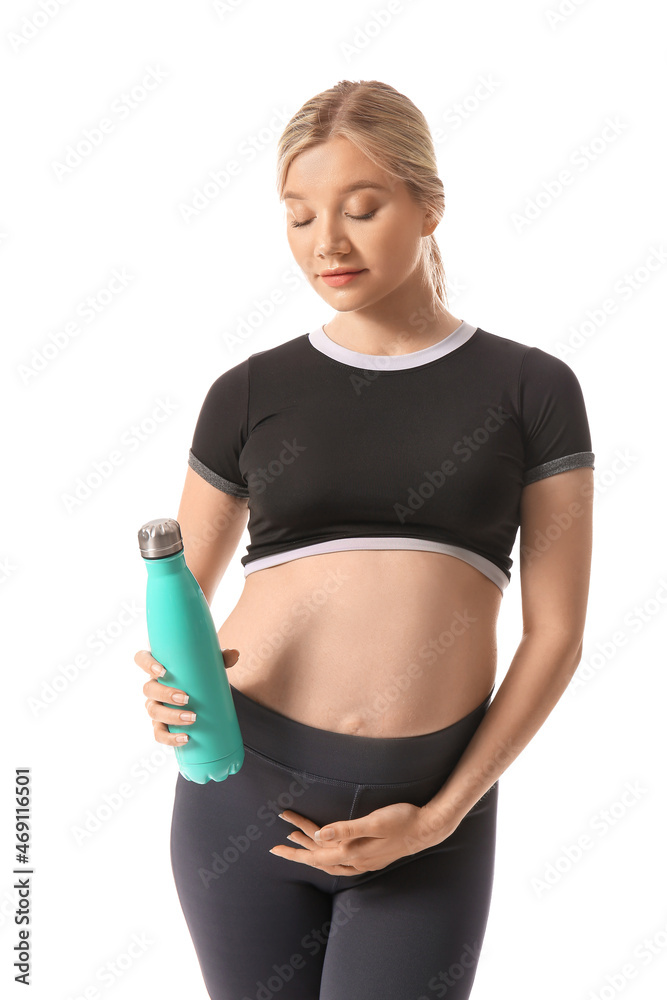 Young pregnant woman with bottle of water on white background Young pregnant woman with bottle of water on white background