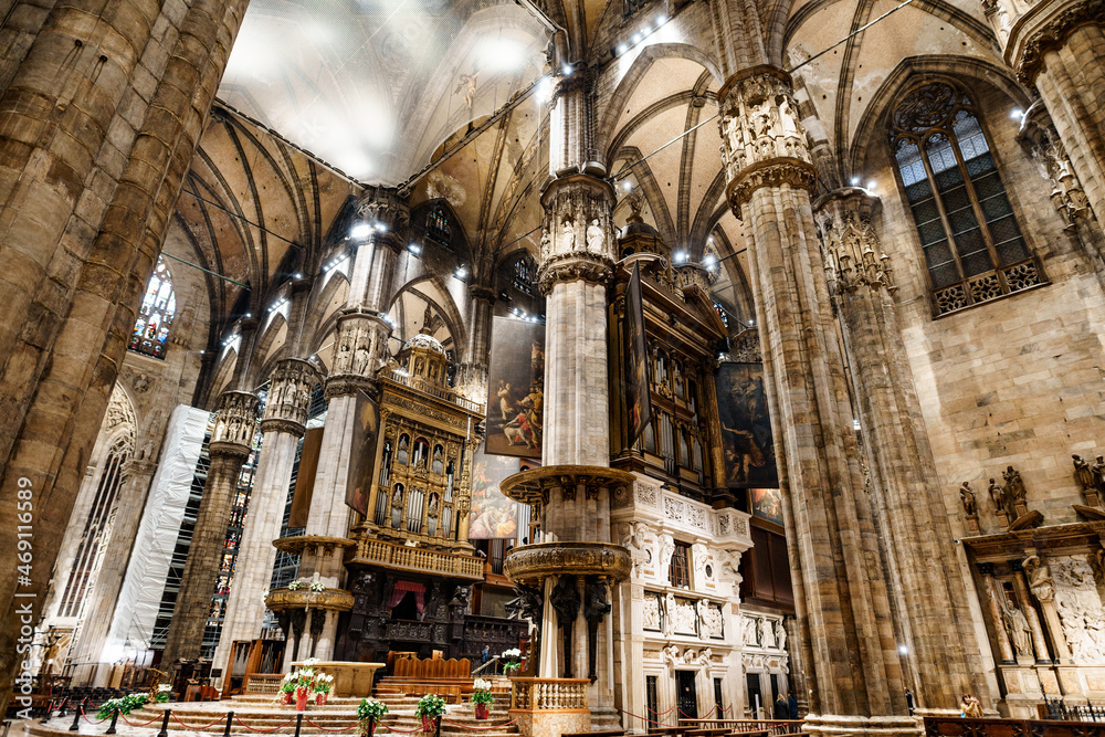 Altar with frescoes by the Duomo. Italy, Milan