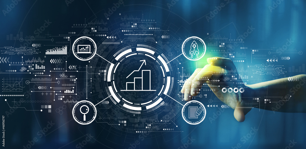 Business growth analysis with hand pressing a button on a technology screen Business growth analysis with hand pressing a button on a technology screen