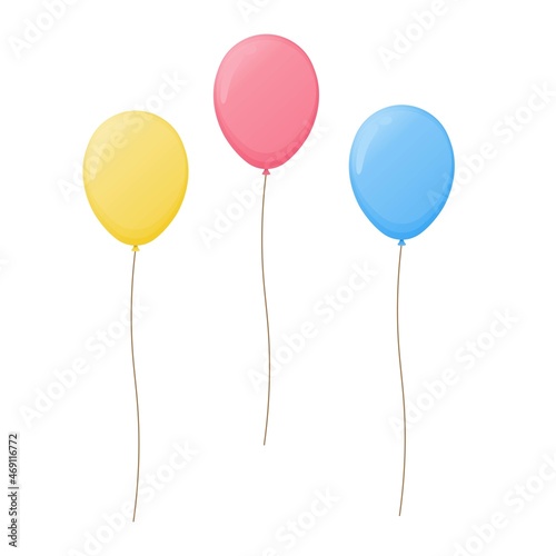 Set of three classic shaped colorful baloons with helium in pink, yellow and blue. Vector isolated on white.