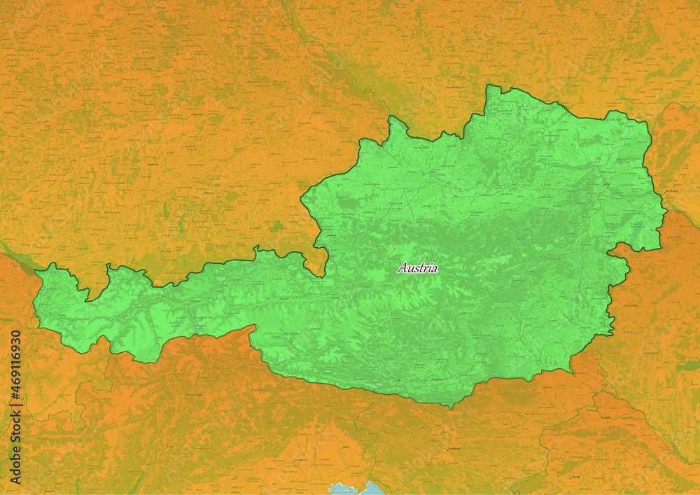 Austria  map showing country highlighted in green color with rest of European countries in brown