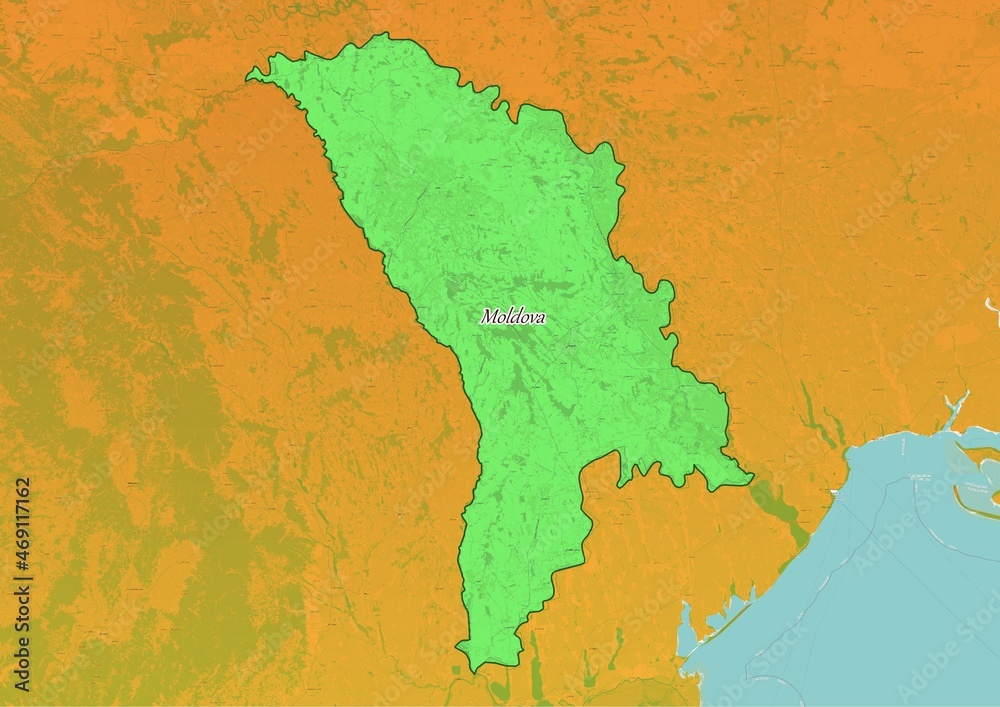 Moldova map showing country highlighted in green color with rest of European countries in brown
