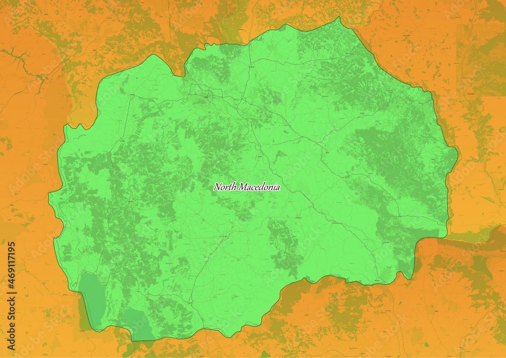 North Macedonia map showing country highlighted in green color with rest of European countries in brown North Macedonia map showing country highlighted in green color with rest of European countries in brown