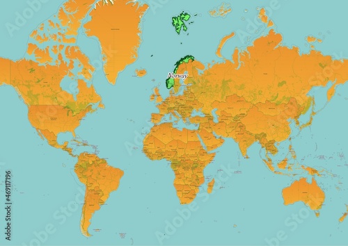 Norway map showing country highlighted in green color with rest of European countries in brown