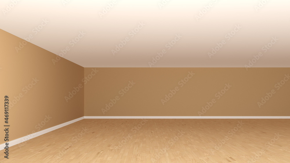 Empty Room with Light Brown Walls, Wooden Parquet Floor and White Plinth. 3d illlustration, 8K Ultra HD, 7680x4320 Empty Room with Light Brown Walls, Wooden Parquet Floor and White Plinth. 3d illlustration, 8K Ultra HD, 7680x4320