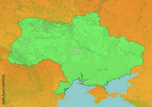 Ukraine map showing country highlighted in green color with rest of European countries in brown