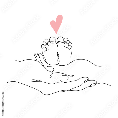 Vector one line art illustrations of a new born baby heels and mother holding a new born baby. Lineart family portret. One line hand with heart photo