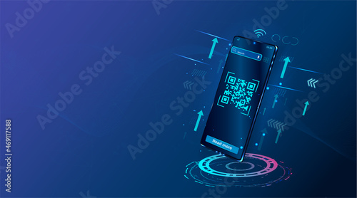 The Concept Of Qr Code Verification. The mobile phone reads the QR code. Barcode on the smartphone screen. The concept of digital technology and barcode. Scan the QR code on your smartphone. Vector