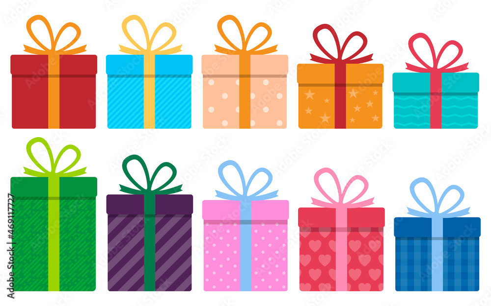 Set of colorful gifts, many different boxes with bows. Vector illustration.