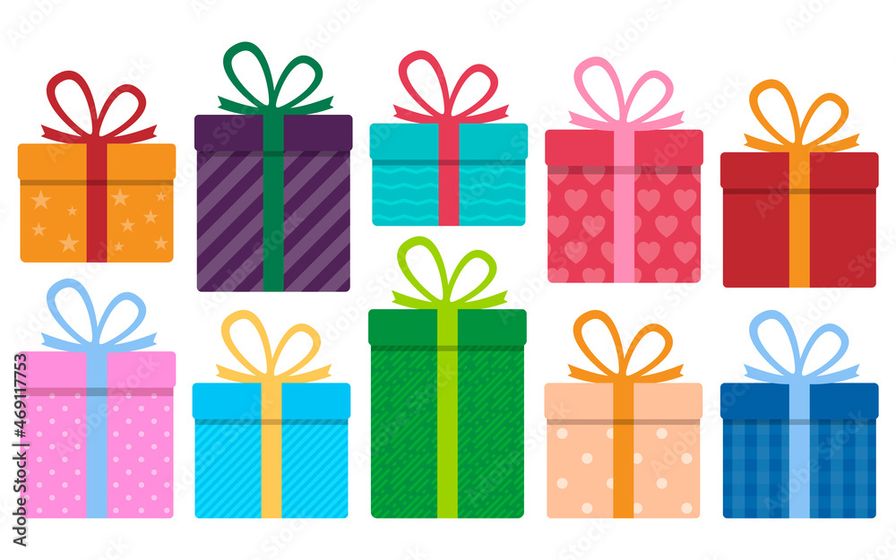 Set of colorful gifts, many different boxes with bows. Vector illustration. Set of colorful gifts, many different boxes with bows. Vector illustration.