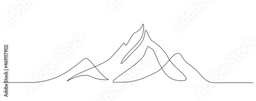 One continuous line drawing of mountain range landscape. Top view of mounts in simple linear style. Adventure winter sports concept isolated on white background. Doodle vector illustration