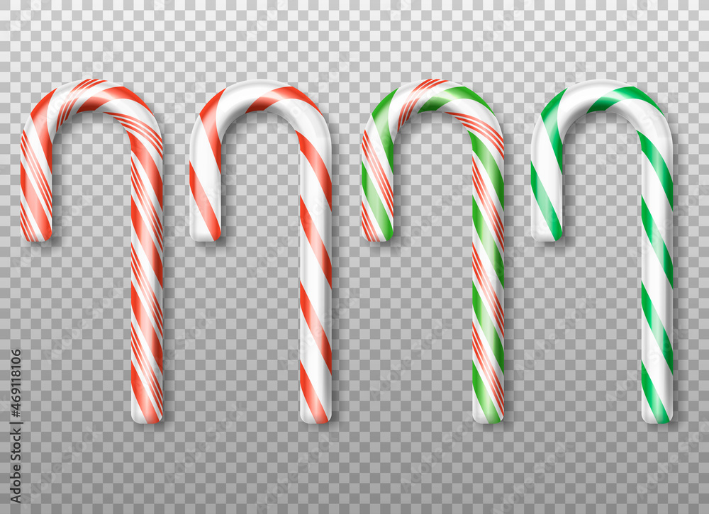 Red and green candy canes on transparent background. Vector