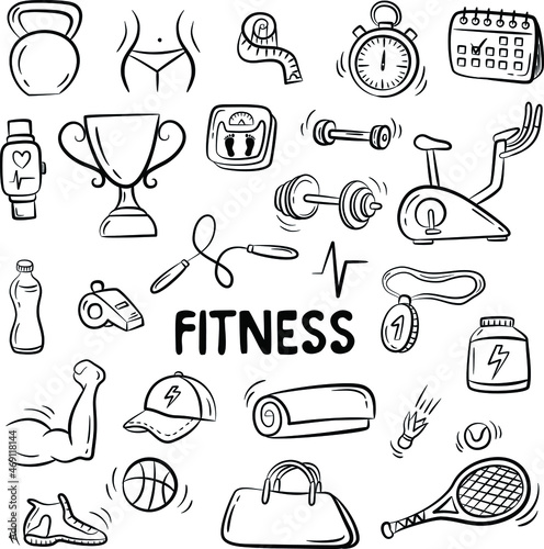 Hand drawn doodle fitness icons set