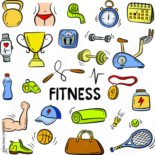 Hand drawn doodle fitness icons set. Vector colorful illustration