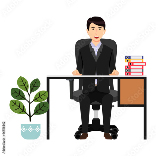 Cute beautiful businessman freelancer character siting on desk with modern office chair and table drawer cabinet with some file folder and house plants