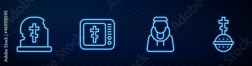 Set line Monk, Grave with tombstone, Online church pastor preaching and Christian cross. Glowing neon icon on brick wall. Vector