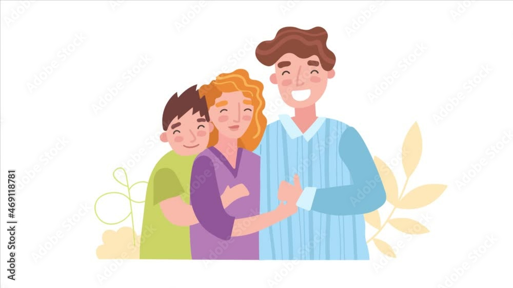 Happy Family concept. Moving loving parents together with little son. Young man and woman hug cute child and each other. Dynamic husband and wife smiling. Graphic contemporary animated cartoon