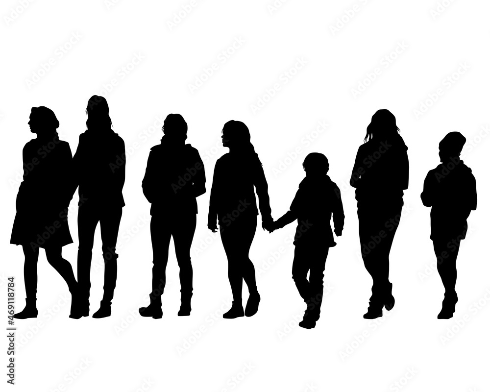 Big crowds people on street. Isolated silhouette on a white background