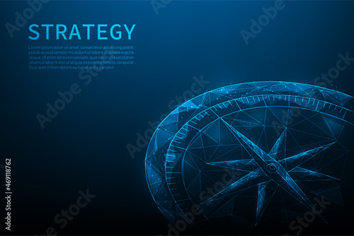 arrow compass strategy low poly wireframe. Business goals for success concept. vector illustration consisting of points, lines, and shapes. isolated on blue dark background.