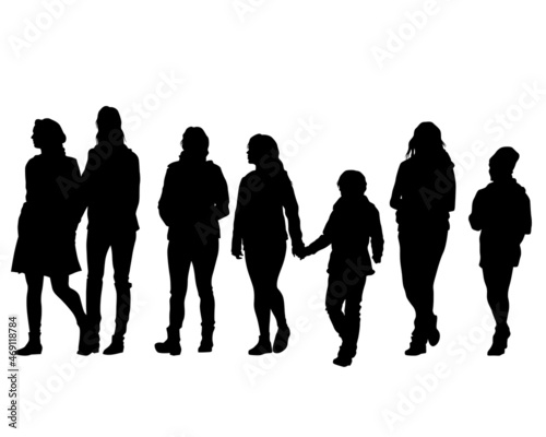 Big crowds people on street. Isolated silhouette on a white background