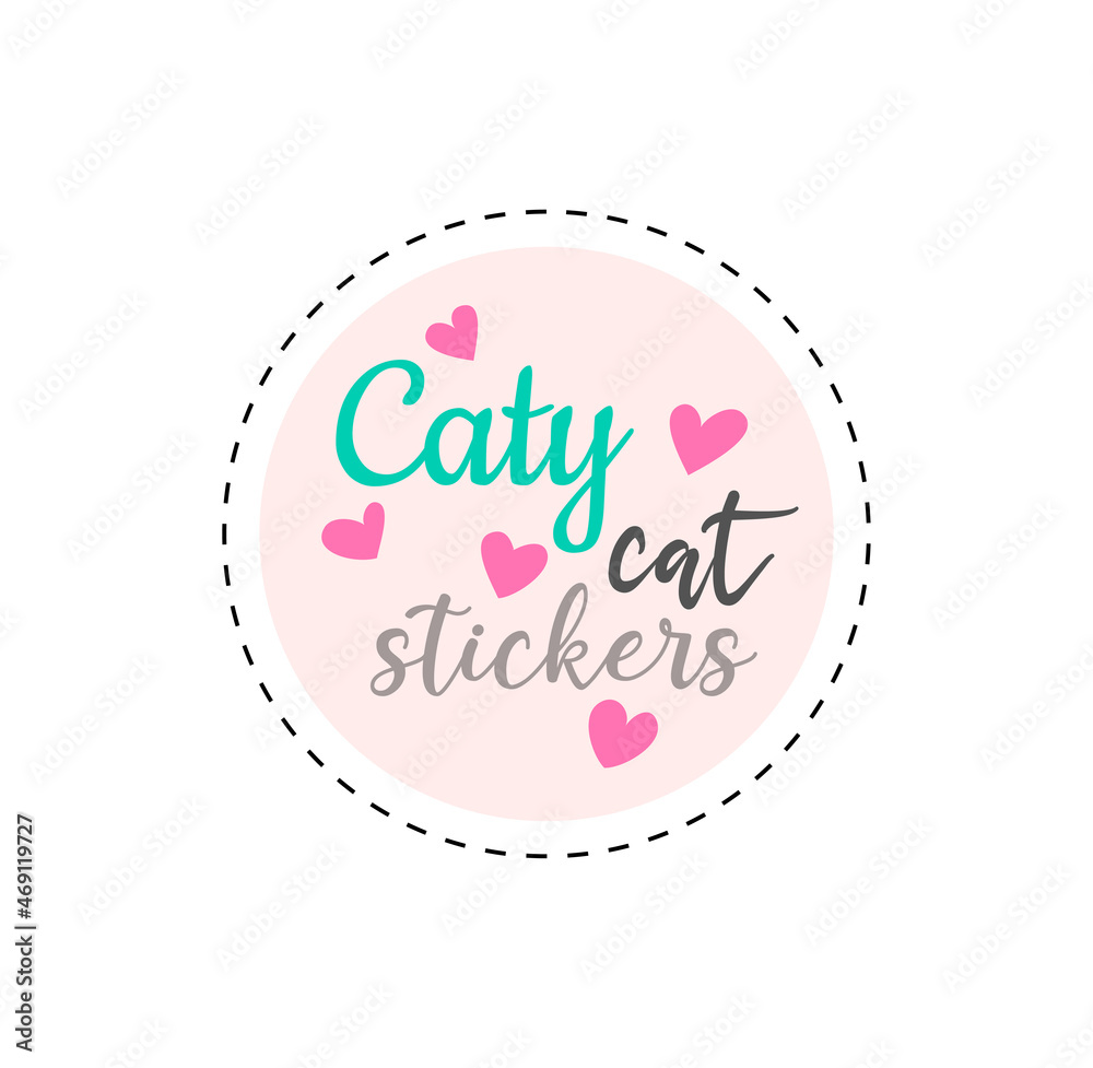 Caty cat sticker. Round label, graphic elements for design of pet shops. Logo, branding, creation of companys image. Signboard for buildings, advertising, icon. Cartoon flat vector illustration