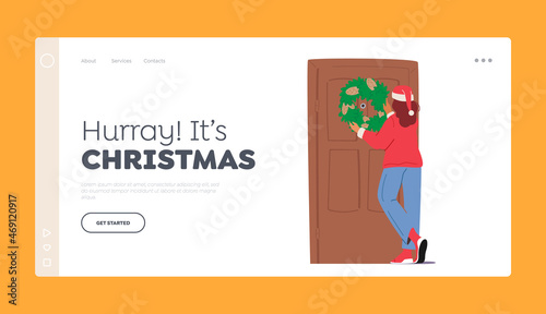 Xmas Holidays Preparation Landing Page Template. Young Girl in Santa Hat Hang Christmas Wreath on Home Door