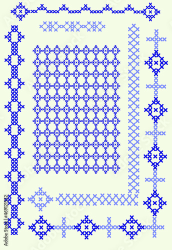 Simple vector set of cross stitch patterns is repeated for beginners. 
Graphic digital illustration. Frame. Pattern  samples  elements for creativity needlework. Production of panels, souvenirs, gifts
