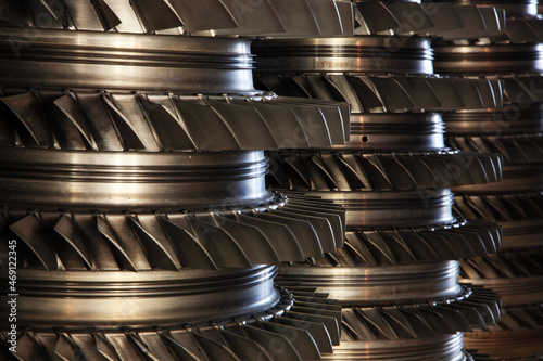 Turbine blades of an aircraft engine. Close up.