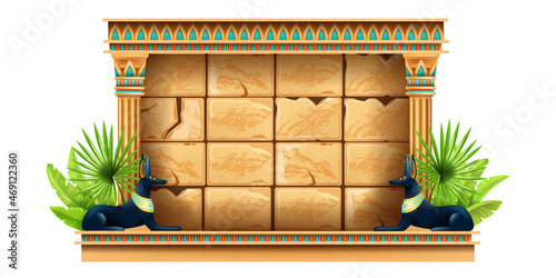 Egypt game UI frame, vector stone panel screen, Anubis statue, palm leaf, user interface menu display. Egyptian cracked brick wall, ancient column, old civilization ornament. Boulder tile game frame