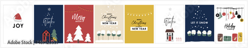 Christmas Winter Holiday cards set vector graphic elements - Merry and Bright, Hello Winter, Joy, Merry Christmas and a Happy New Year, Holiday Cheer, Let it Snow - 