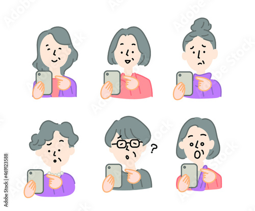 スマホを使う中年女性　セットイラスト
おばあさん