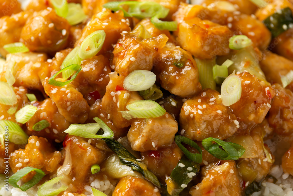 General Tso Tofu with rice, green onion and pak choi. Asian Vegan Food General Tso Tofu with rice, green onion and pak choi. Asian Vegan Food