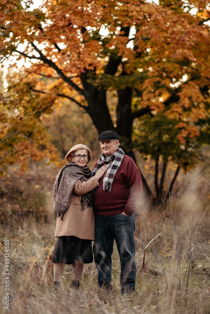 Elderly man lovingly looks at his elegant pensioner, hugs and enjoys her beauty, senior married couple dancing in autumn park, celebrating anniversary, affection Elderly man lovingly looks at his elegant pensioner, hugs and enjoys her beauty, senior married couple dancing in autumn park, celebrating anniversary, affection