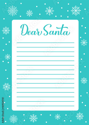 Christmas wish list card. Dear Santa calligraphy hand lettering on blue background with snowflakes. Letter to Santa Claus vector template