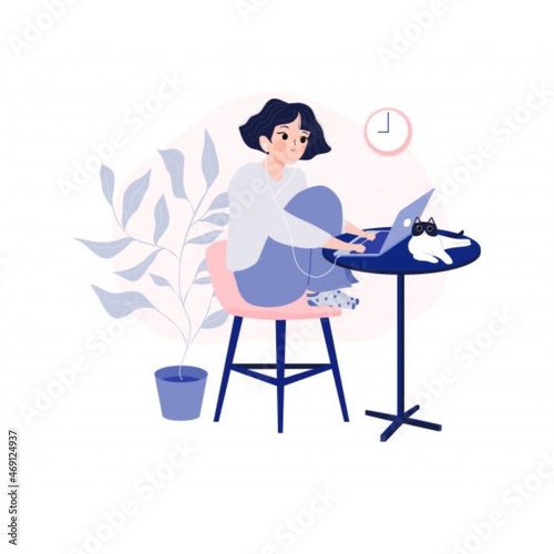 Woman working with computer. Concept illustration, working process, management, freelance, office, work from home, business meeting via internet, communication. Girl with coffee
