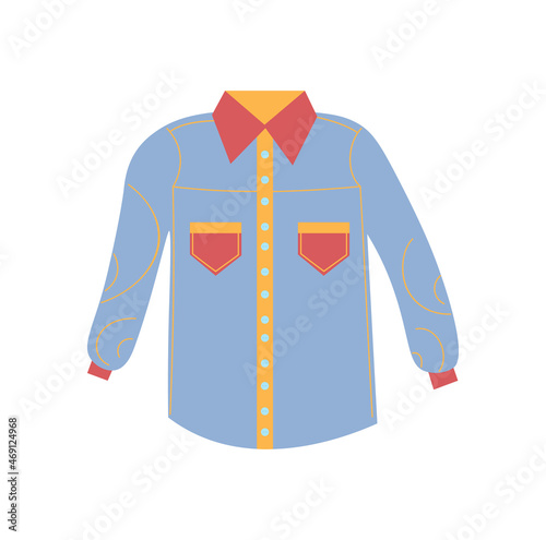 Blue shirt sticker. Casual wear, suit for going to work. Graphic elements for boutiques, decoration of departments. Fashion, male style, man, workers outfit. Cartoon flat vector illustration