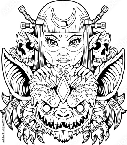 mythological vampire princess, outline illustration