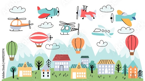 Naklejka na ścianę Kids nursery poster with airplanes, air balloons and clouds. Children wallpaper with houses, mountains and flying planes, vector landscape