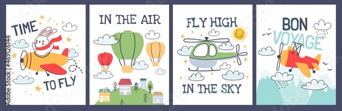 Cartoon baby t shirt prints with airplane and air balloons. Cute animal pilot in plane. Kid travel poster with aircraft transport vector set © Tartila