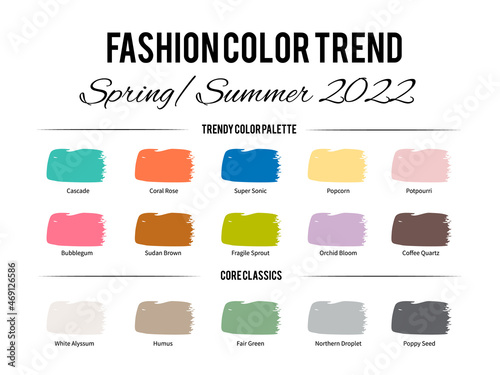 Fashion Color Trend Spring Summer 2022. Trendy colors palette guide. Brush strokes of paint color with names swatches. Easy to edit vector template for your creative designs