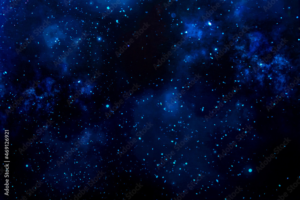 Dark blue abstract background with white dots. The universe is filled with stars, nebulae and galaxies. Christmas blue background.