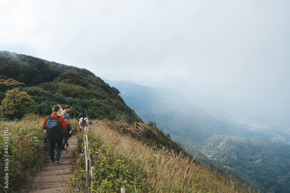 Group of travelers walking in jungle forest